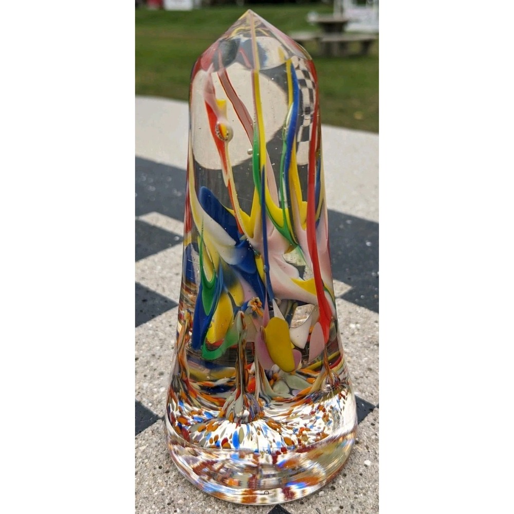 Obelisk Glass‎ Paperweight Multicolored Strand Swirls Mantel Item 5" Tall